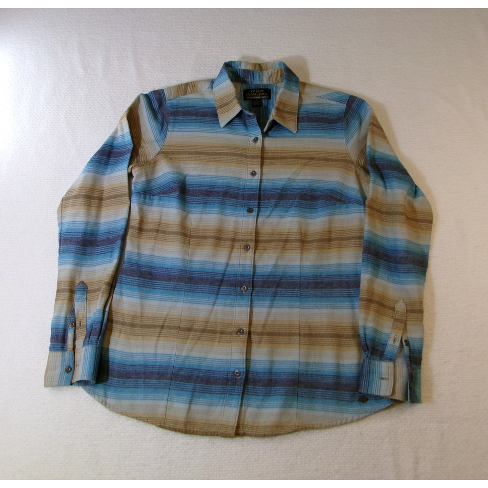 Noble Outfitters Womens Medium Blue Tan Striped Flannel Button Down Shirt L/S